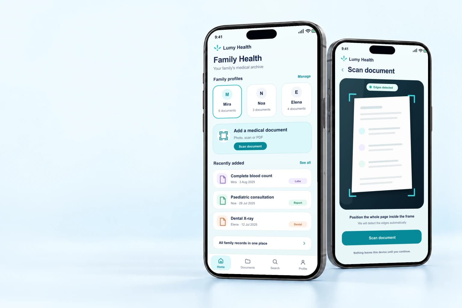 Lumy Health su due telefoni: la cartella sanitaria di una famiglia e lo scanner dei documenti.