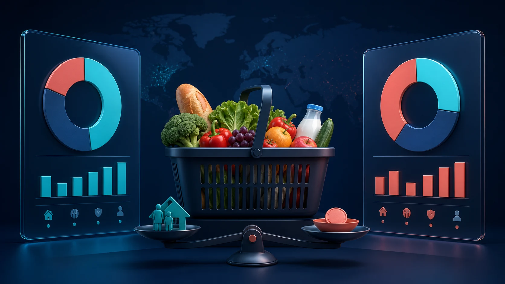 Coș de cumpărături în echilibru între două panouri cu cheltuieli alimentare ale gospodăriei