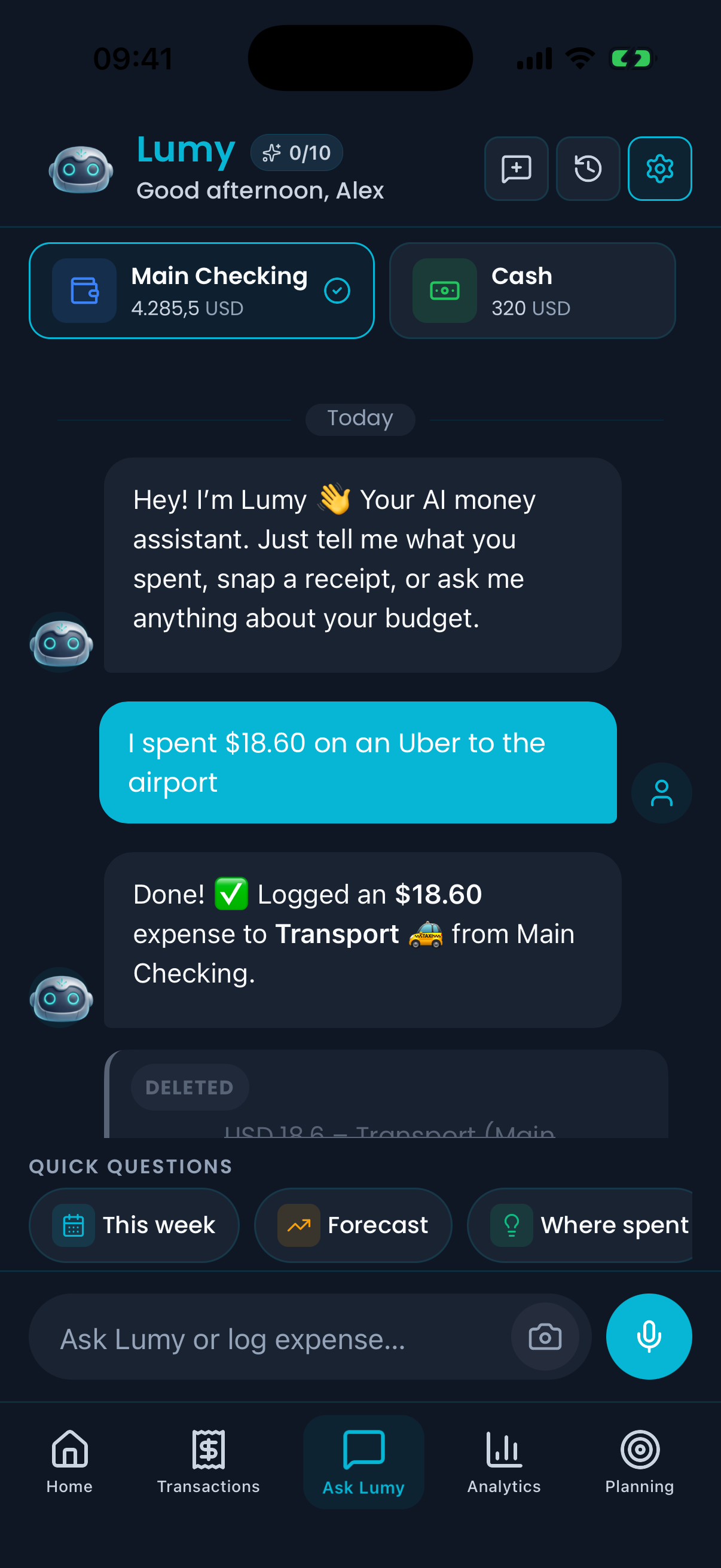 Ask Lumy screen in Lumy