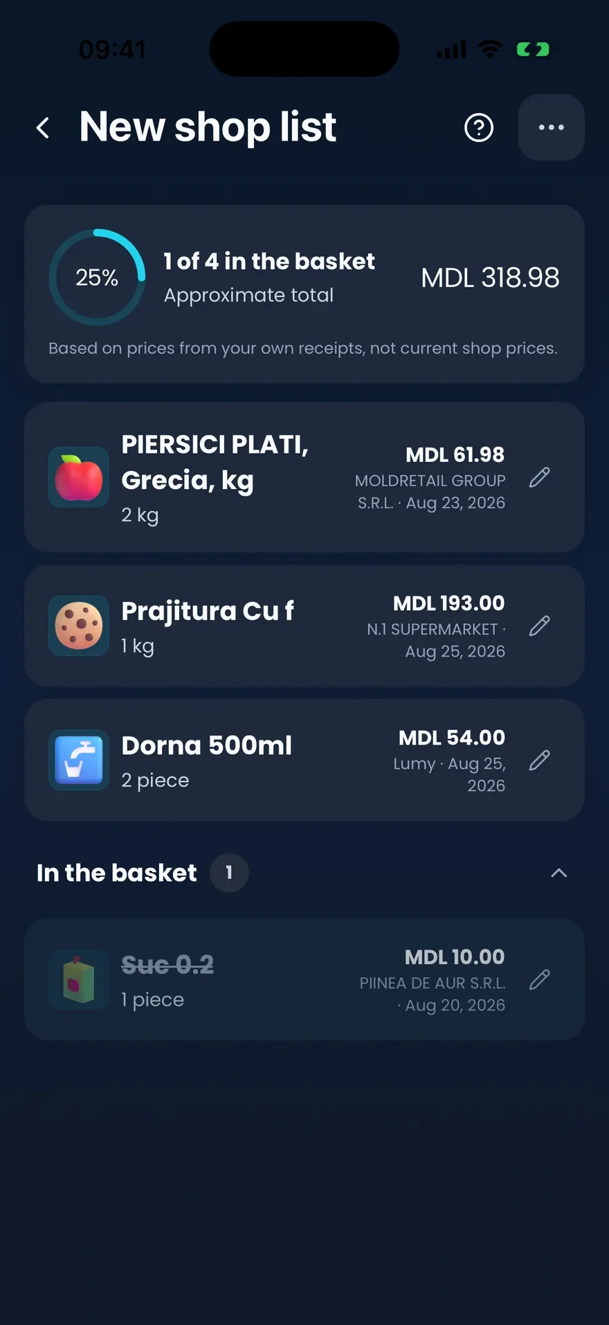 Listă de cumpărături în Lumy cu un total aproximativ calculat din prețuri de pe bonuri anterioare