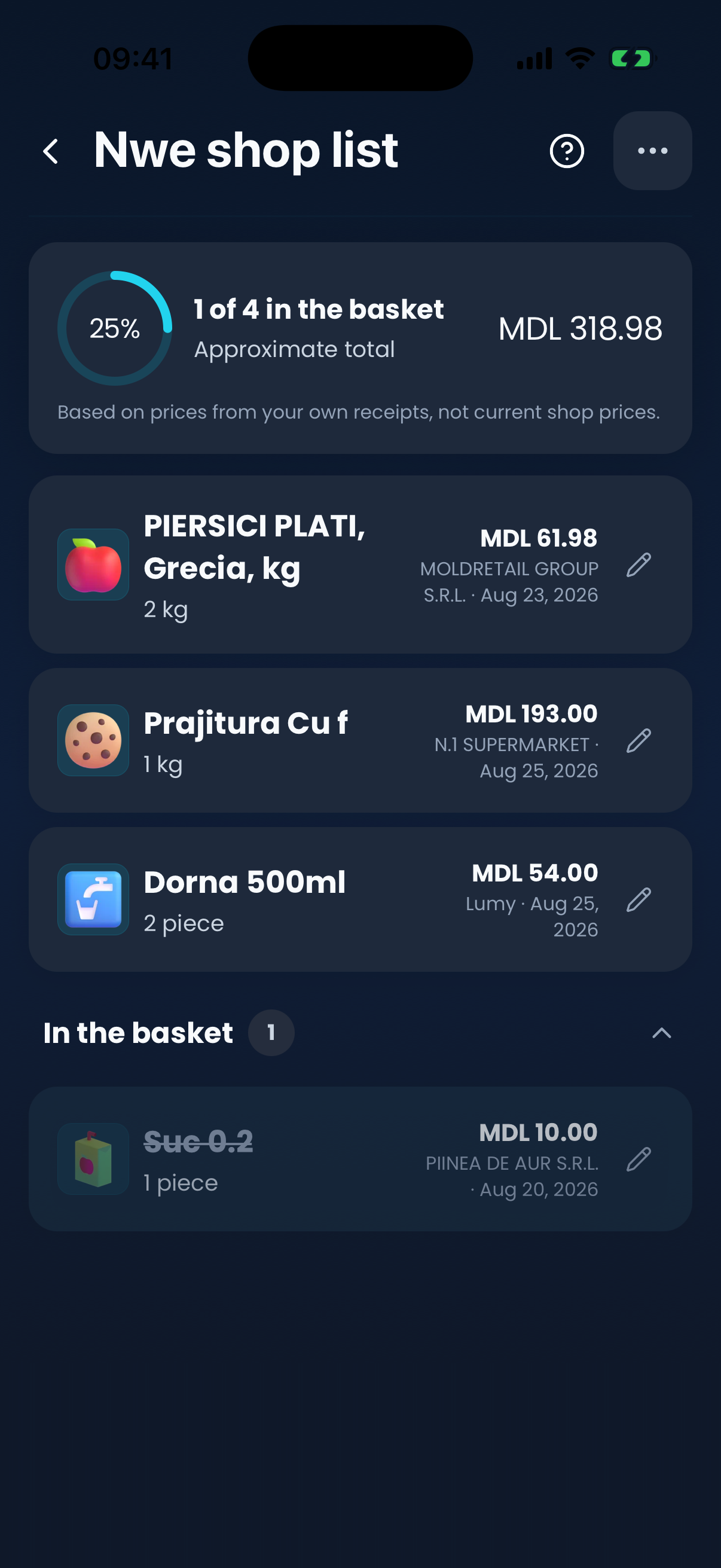Shopping list in Lumy showing an approximate total built from prices on previous receipts