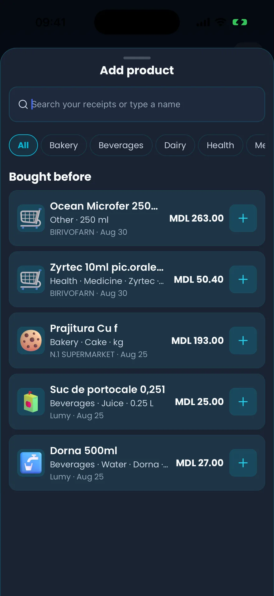 Adding a product to a Lumy shopping list from items bought before, each with its last price